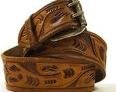 60s Tooled Leather Belt with Double Pronged Buckle