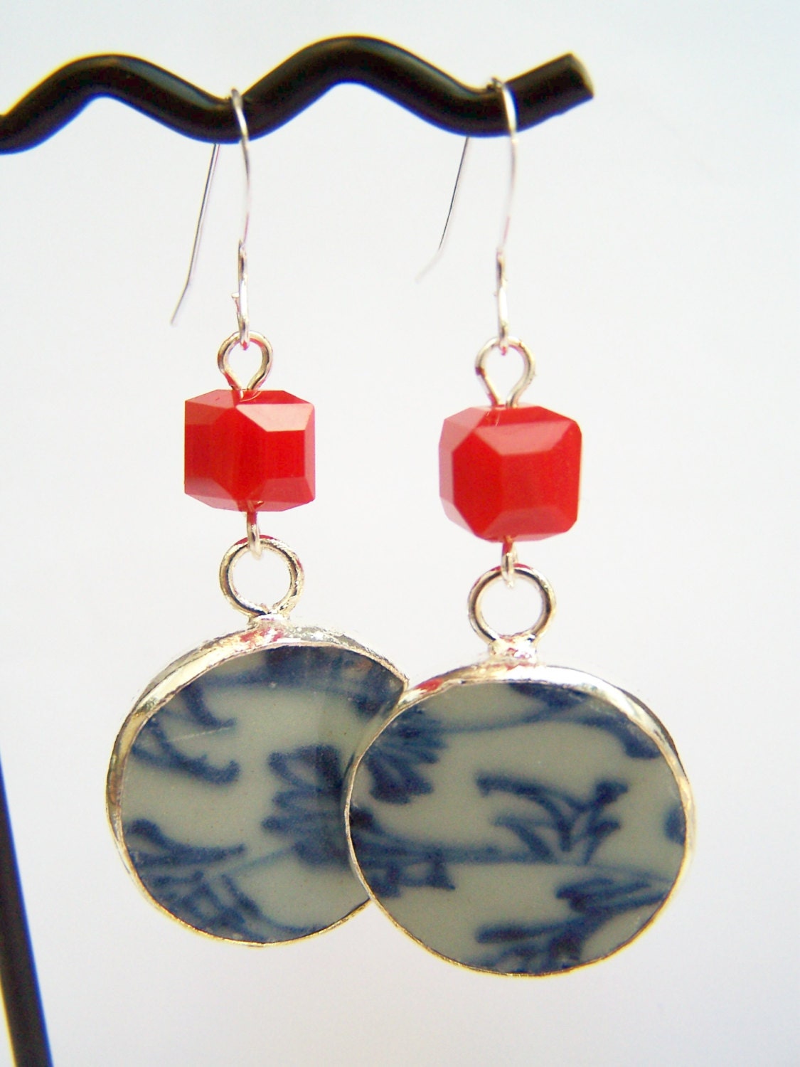 Blue Pattern Pottery Shard Earrings, Ming Porcelain & Red Glass Beads on Sterling Silver Hooks, Broken China Jewelry, Red, White and Blue