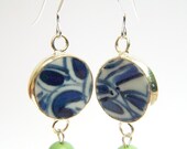 Ming Pottery Shard Earrings, Ming Dynasty Style Shards and Mint Green Beads on Sterling Silver Fishhooks - Ling
