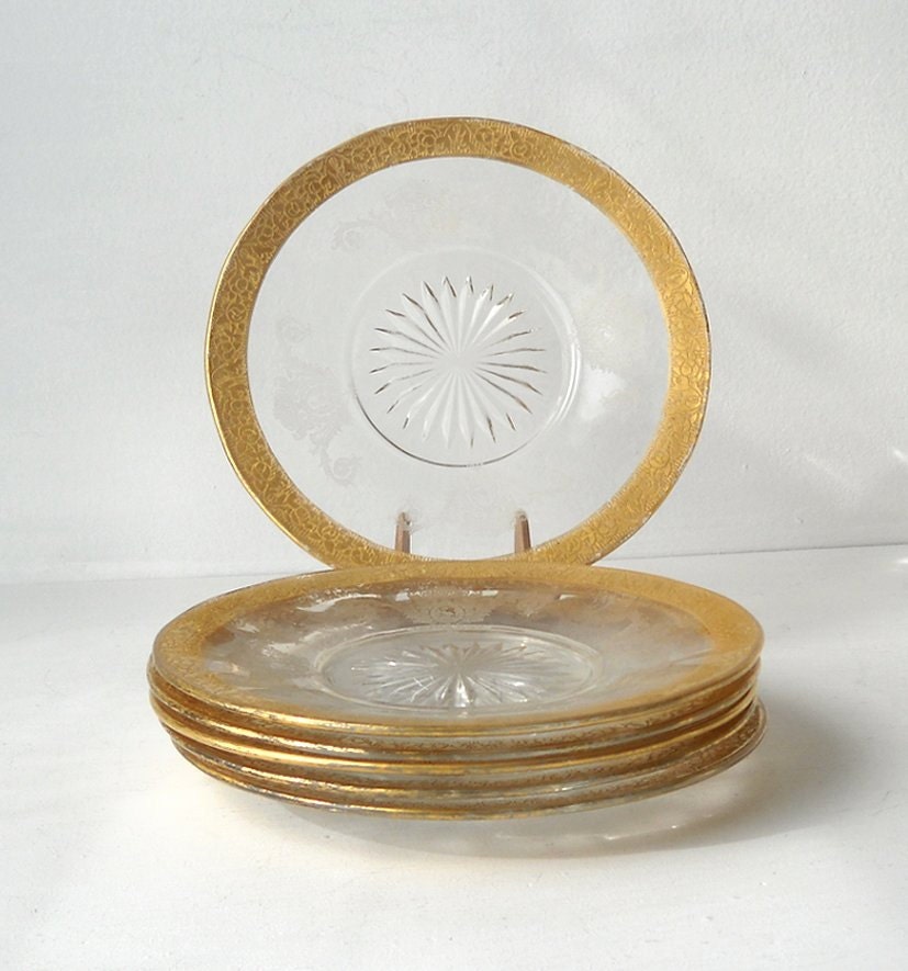 6 Morgantown Biscayne Bread Plates Gold Encrusted Rambler Rose Rims