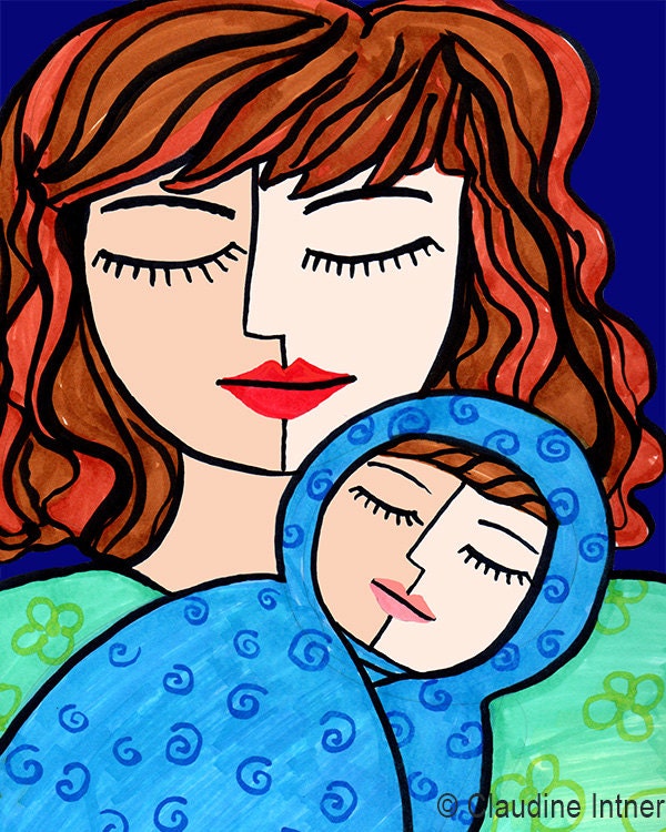 Red Hair Mom and Baby Boy Art Print - Nursery Art Print, 8 x 10 Giclee, Mother and Child, Newborn Baby Gift, Nursery Decor