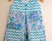 Aqua Blue Chevron Toddler Dress with Vintage Floral Fabric, 18 mos. to 24 mos.