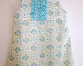 Retro Blue Floral A Line Dress, Up-Cycled, Eco-Friendly, Vintage Fabric, Girl Size 6