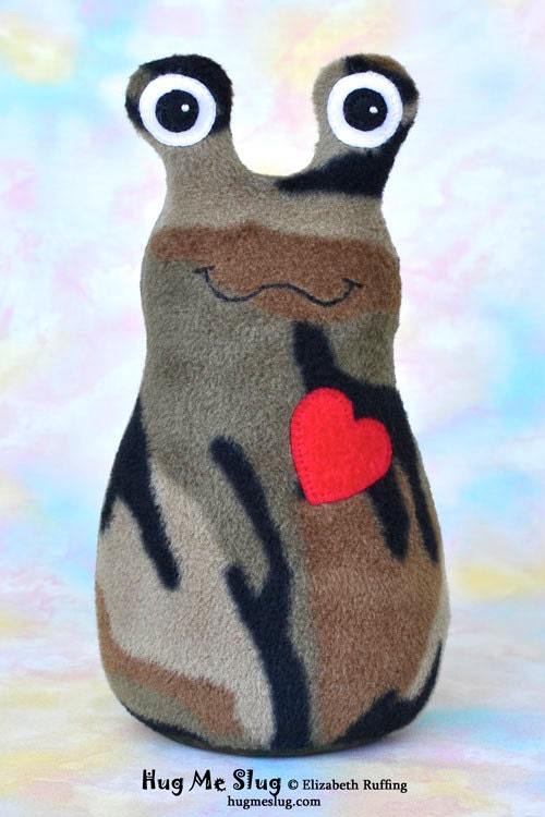 Handmade Camo Slug, Stuffed Animal Plush Doll Art Toy, Hug Me Slug, Personalized Tag, Camouflage, Red Fleece, 9 inch, Ready-made