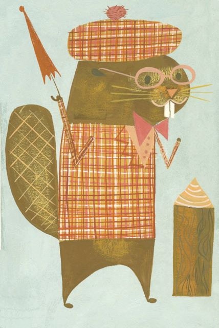 A beaver happy to see his dinner.   Limited edition print by Matte Stephens.