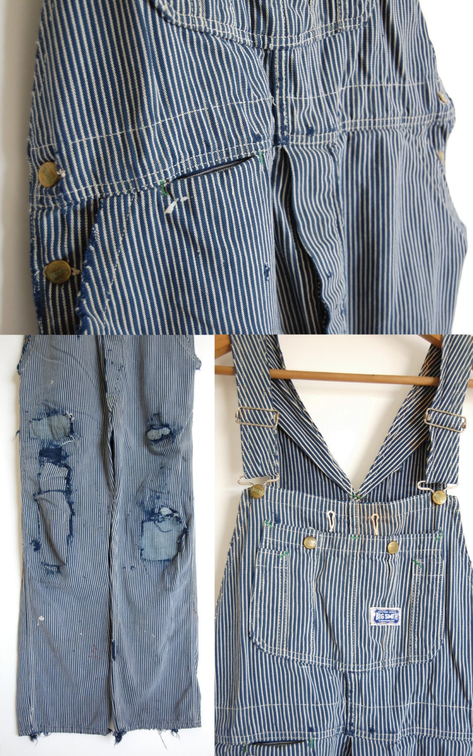 vintage destroyed bib overalls / Big Smith / old distressed weathered Americana / hickory stripe denim dungarees / Sanforized Union Made