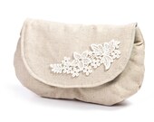 Rustic Wedding Clutch - Linen Bridal Clutch with Lace Applique detail