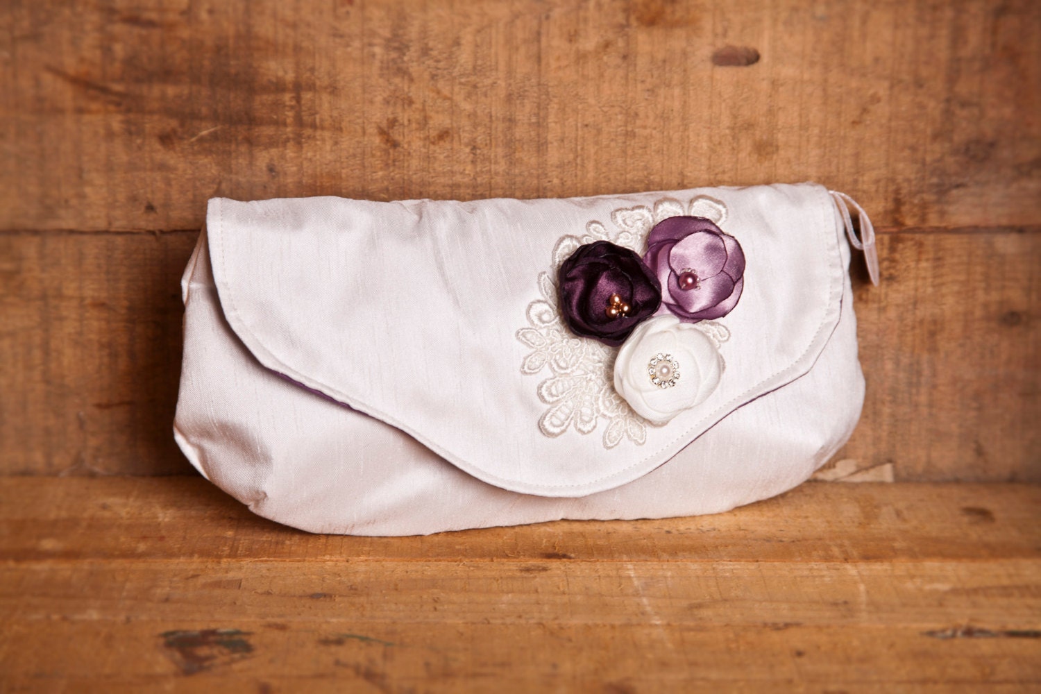 Wedding Clutch - Off-White Antique White with Flower Blossom and Applique detail
