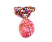 Gemstone Beaded Necklace and Earring Set Fuchsia Teal Tan Agate Sterling Wrapped Bright Colors