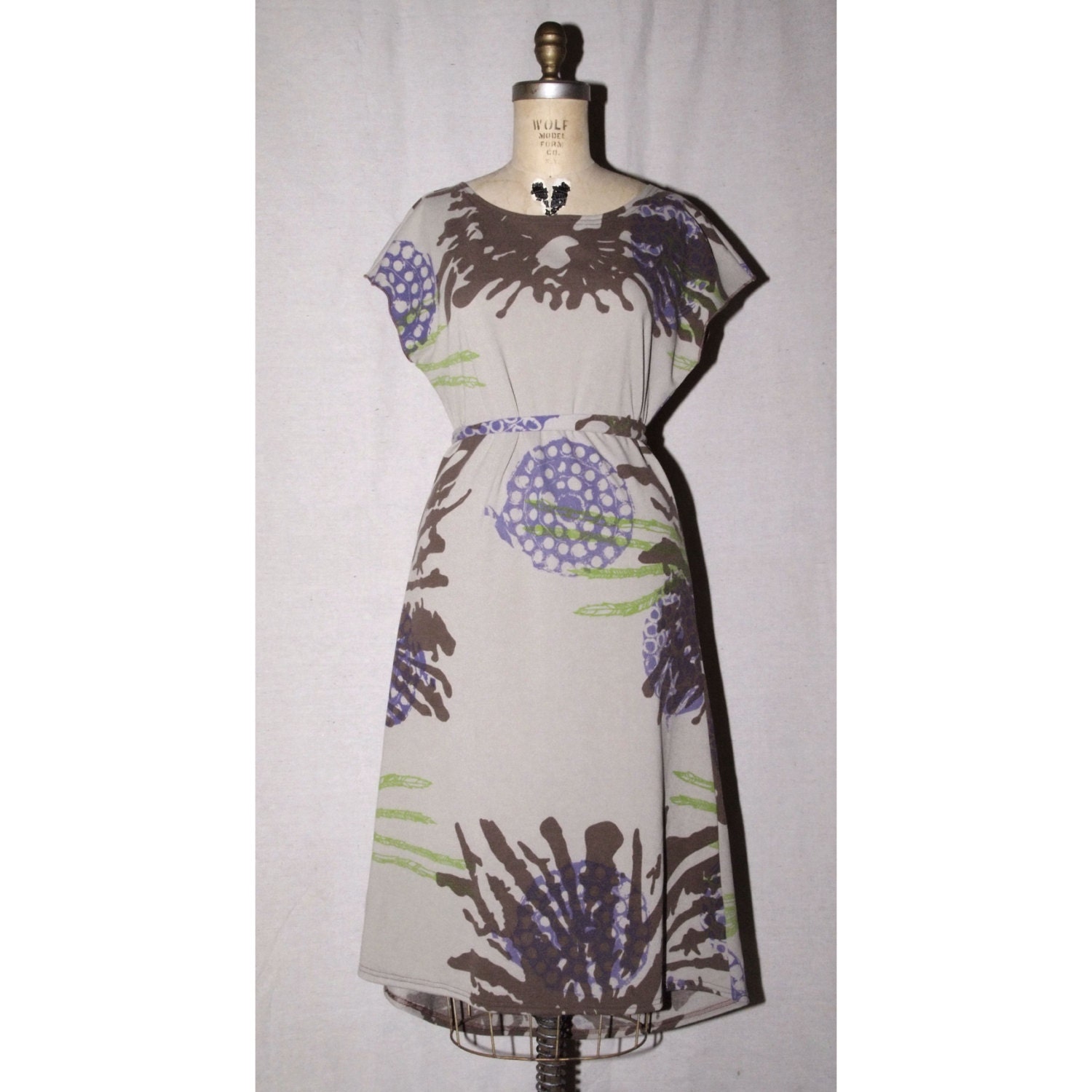 Khaki Tan Long Cotton Jersey T Dress Scoop Neck purple, liem green, and brown print