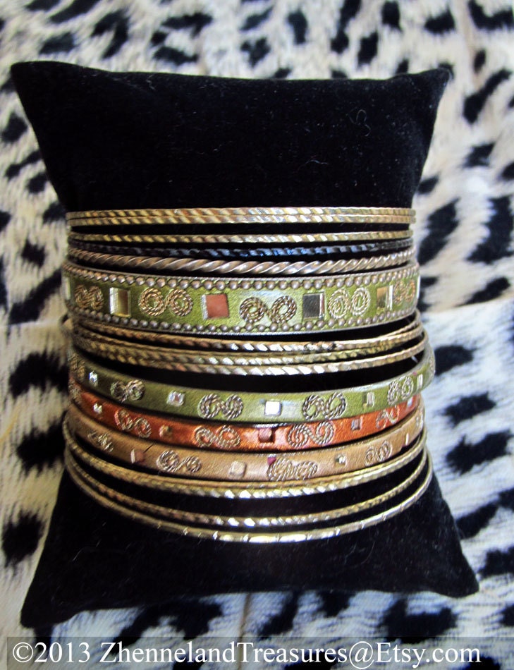 17 Vintage East Indian Bangle Bracelets of Silver Color Metal and Painted Wood with Mirror Embellishments with Black Velvety Jewelry Pillow