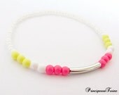 Hot Pink Silver Bar Beaded Bracelet. Minimal Jewelry. Summer Jewelry. Friendship Bracelet.