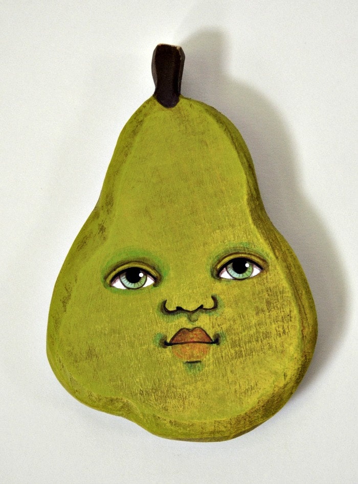 Anthropomorphic Pear-- Original Painting Wood Cut-Out Wall Hanging Contemporary Folk Art OOAK