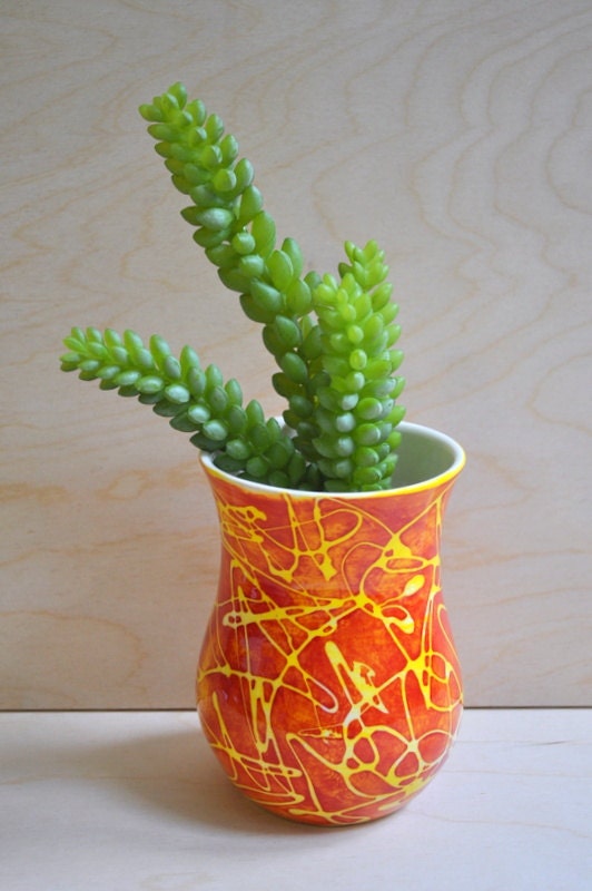 Colorful Pottery  Vase- Sunshine Squiggles in Saffron Yellow and Paprika red  small crock / vase /cache pot