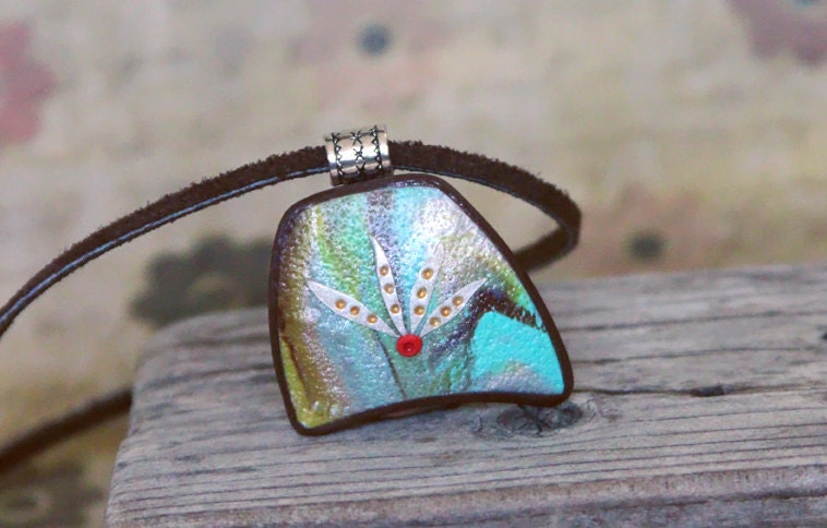 Clay canvas. polymer clay pendant. Four leaves. Framed pendant. Leather necklace choker.  Colorful marbled. Abstract. Free form.
