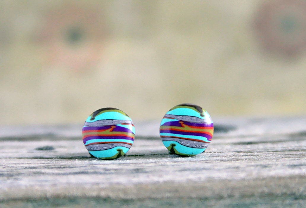 Colorful landscape.  Abstract post earrings. Studs. Earring posts. Polymer clay. Round disc earrings. Teal. 11mm