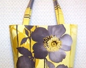 Large Tote Bag Satchel Bag Everyday Tote Overnight Bag Watercolor Roses and Pinstripes Yellow and Charcoal Gray
