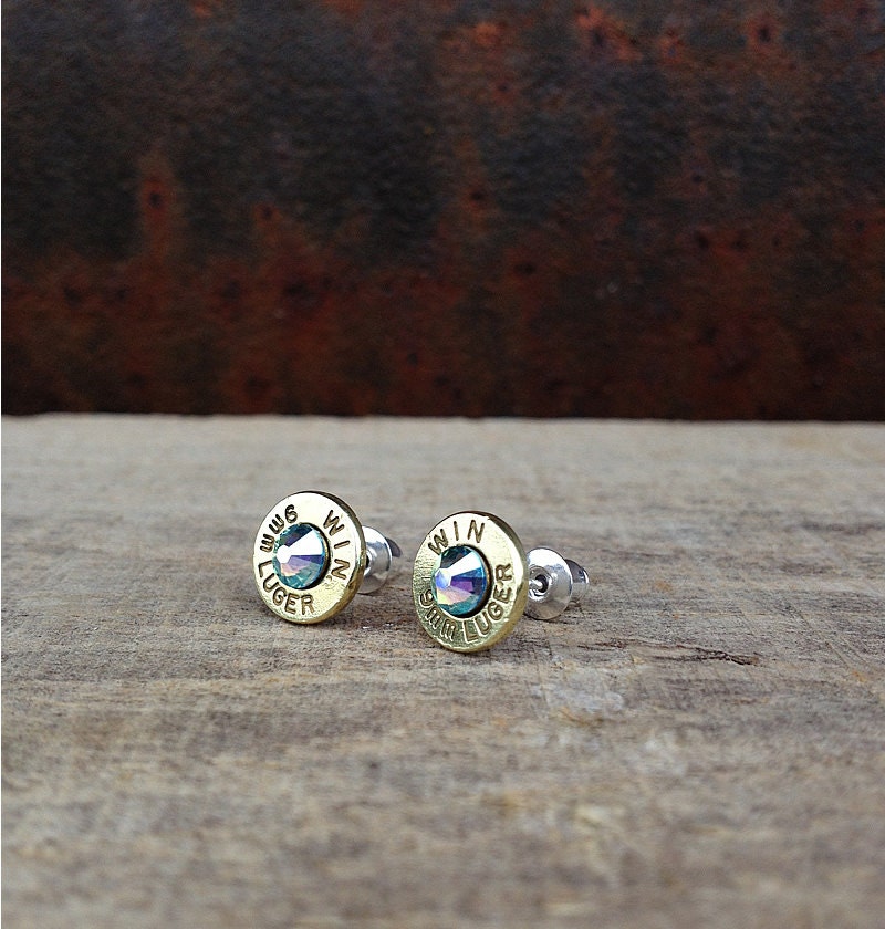 Winchester 9mm luger bullet studs with Aquamarine Swarovski crystals sterling silver stud earrings