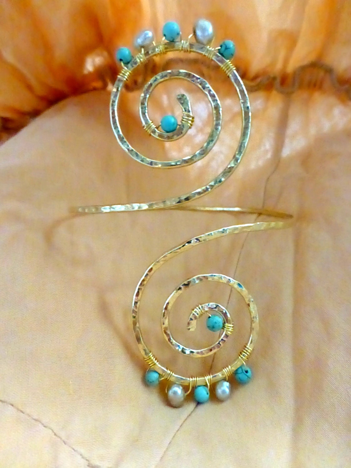 Grecian Swirl Upper Arm Cuff in Champagne and Turquoise , Arm Band,  Armlet - Great for Proms or Weddings