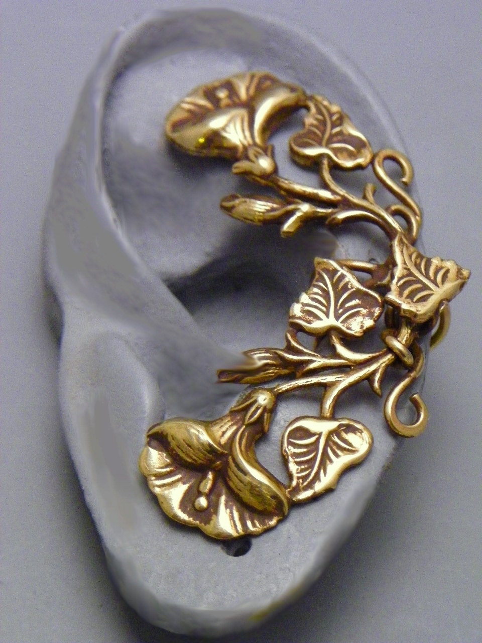 Flower and Leaf Ear Cuff - GLORIOUS - Morning Glory Handcrafted Brass Ear Wrap