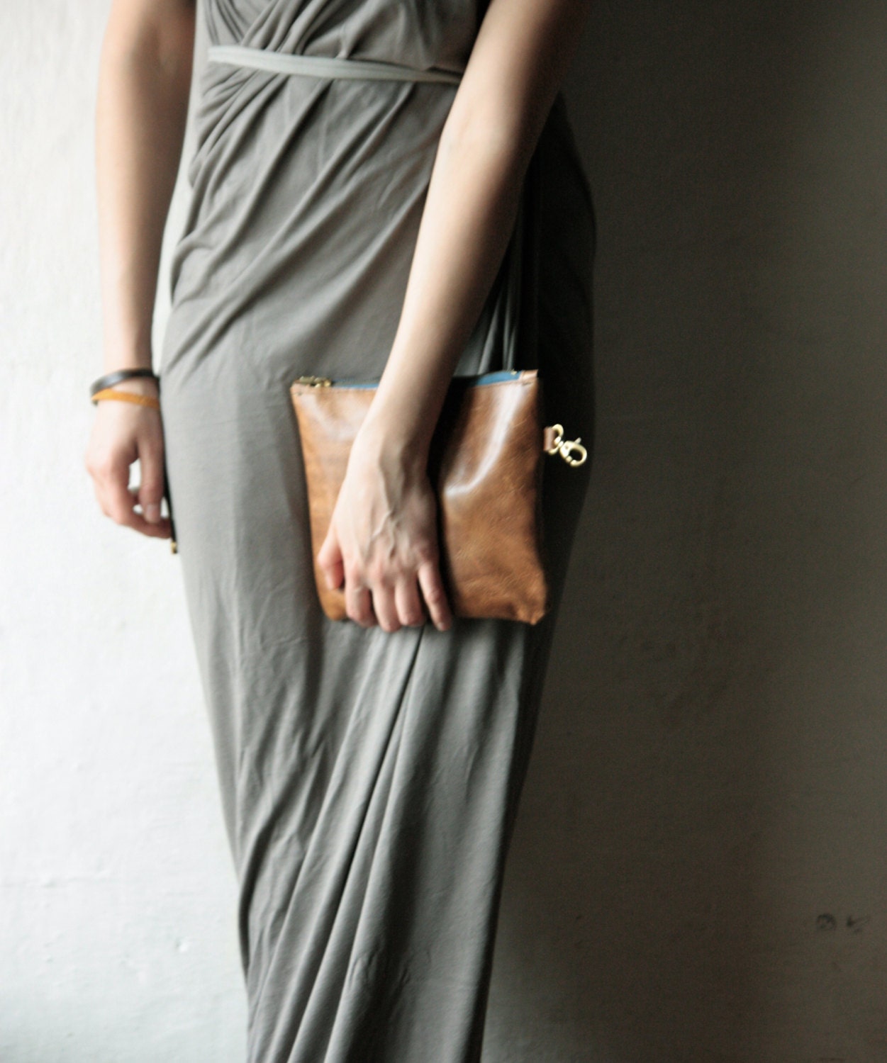 Brown Leather Clutch Bag - weathered genuine leather pouch purse with removable strap and zipper