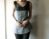 Linen tunic tank top - grey and  black short sleeveless tunic - scoop neck tank womens size small