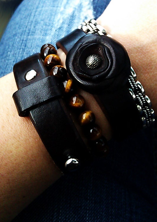Band-it  Leather Band Cuff Bracelet - Rhinestone or Nickel Post - Adjustable and Choice of Color Leather