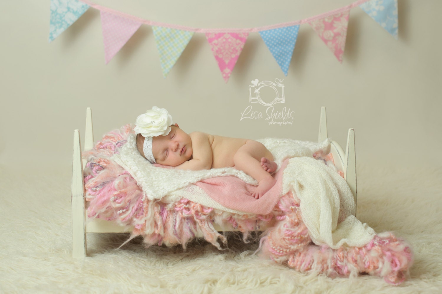 The "Antonia" Bunting.  As Shown, Shabby Chic Bunting, Fabric Pennant Flags, Medium Flags, Light Pink and Blue Party Decor, Photo Prop.