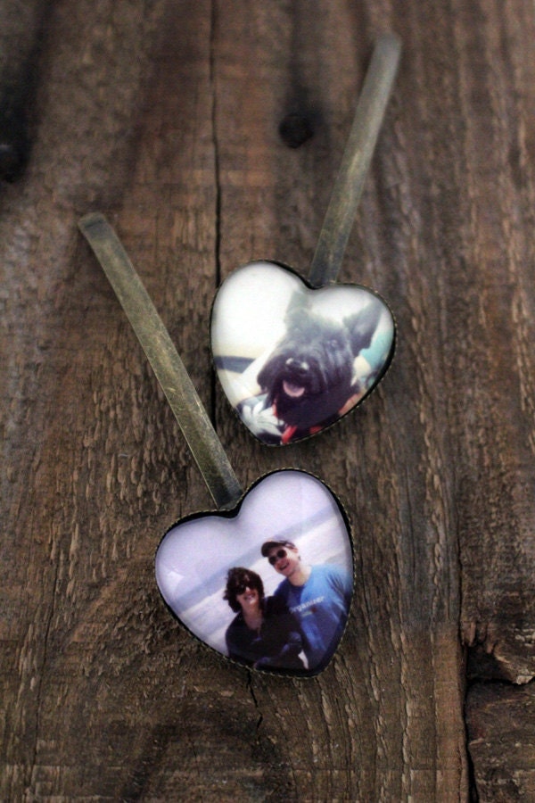 Personalized Heart Shaped Photo Hair Clips - Custom Photo Bobby Pins in Antique Bronze Heart - Valentines Day Gift, Mothers Day, Bridesmaids