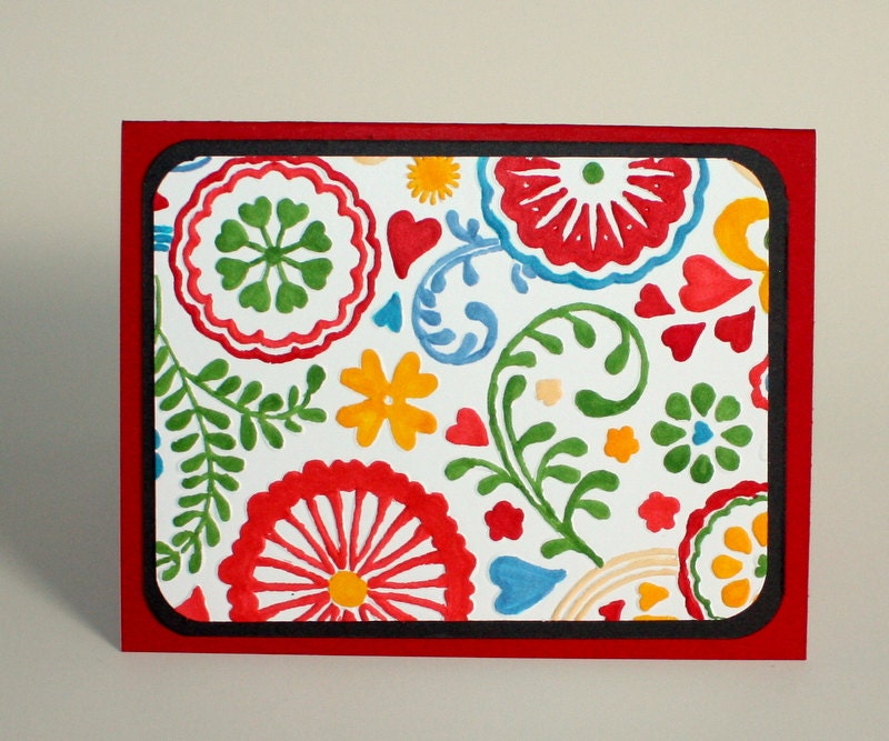 Red, Green, Yellow blank Floral Folk Art greeting card