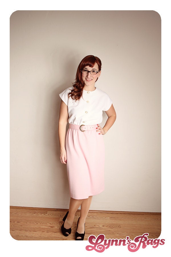 Vintage Pink Cream SECRETARY DRESS Anchor Heart Diy Wiggle Pencil
