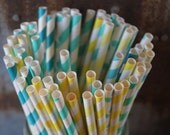Aqua and Yellow Paper Straws Set of 20 stripes and dots Il_170x135