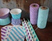 Mermaid - Ocean - Party Pack -- Paper Straws, Favor Bags, Cupcake Liners, Bakers Twine Purple, Aqua Il_170x135