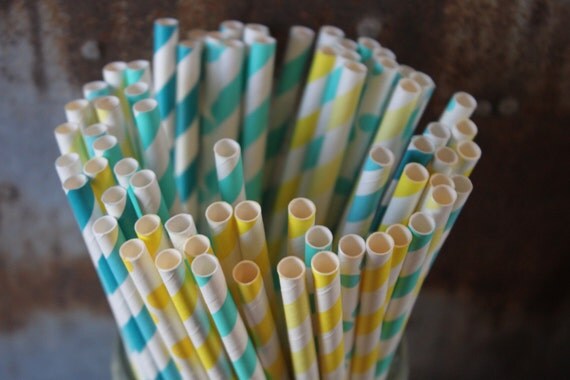 Aqua and Yellow Paper Straws Set of 20 stripes and dots Il_570xn