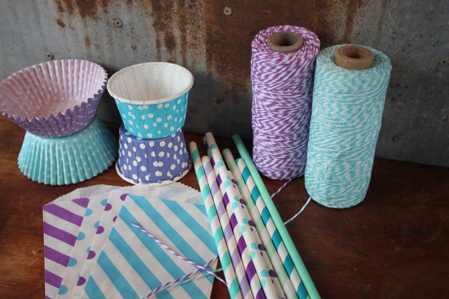 Mermaid - Ocean - Party Pack -- Paper Straws, Favor Bags, Cupcake Liners, Bakers Twine Purple, Aqua Il_570xn