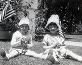 Vintage photo 4 yr old Rita 4th of July Flags Costume on Lawn w Friend