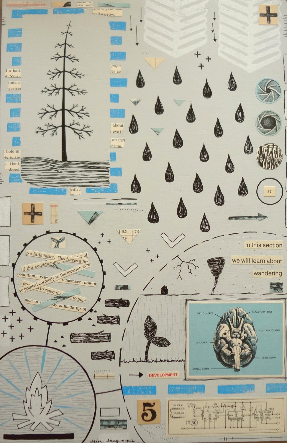 Mixed Media Collage Art on Wood, Block Prints with Tree and Raindrop Illustrations, Original Art by Erin Lang Norris.