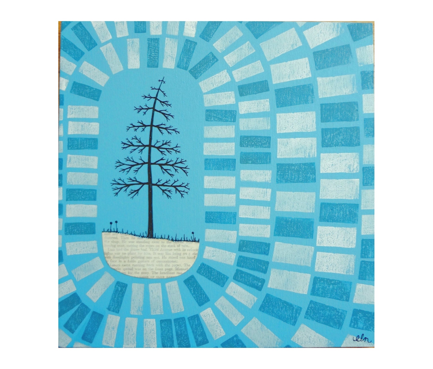 Mixed Media Block Printed Art with Pine Tree Illustration on Wood, Original Art by Erin Lang Norris.