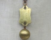 Handmade Altered Vintage dog tag w ball locket necklace steam punk jewelry mixed metal long brass ox 50 to 75 years old  k34