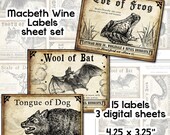 Macbeth Witch Potion Wine Labels digital collage sheet set for dinner party entertaining