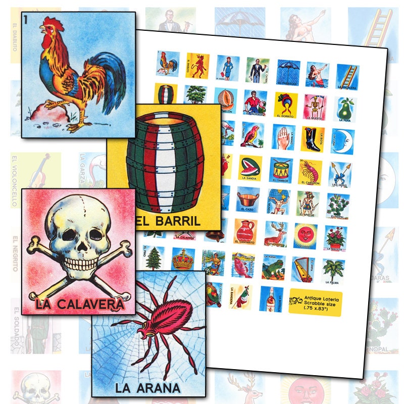 Mexican Loteria Scrabble sheet .75 x .83 in  digital collage sheet 19mm x 21mm instant download