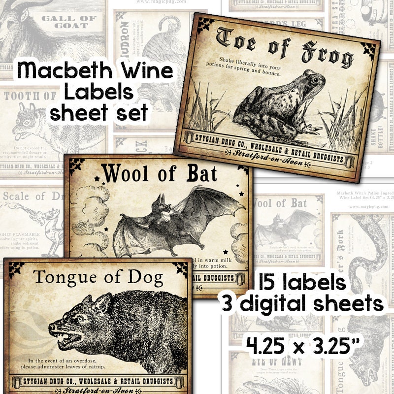 Macbeth Witch Potion Wine Labels digital collage sheet set for dinner party entertaining
