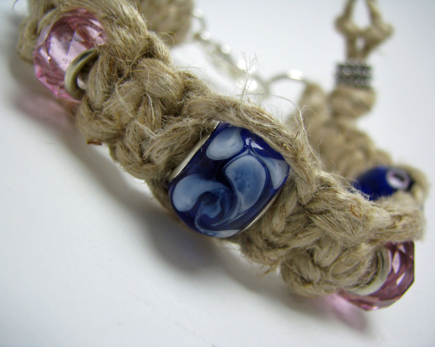 Thick Hemp Macrame Bracelet with Light Pink and Blue Glass Beads Large Lobster Clasp