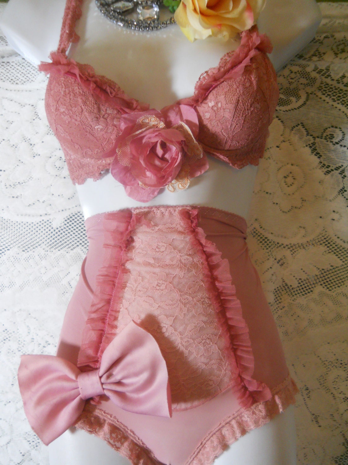Pink bra set panty girdle vintage ruffles dusty rose bow pin up buresque  romantic small by vintage opulence on Etsy