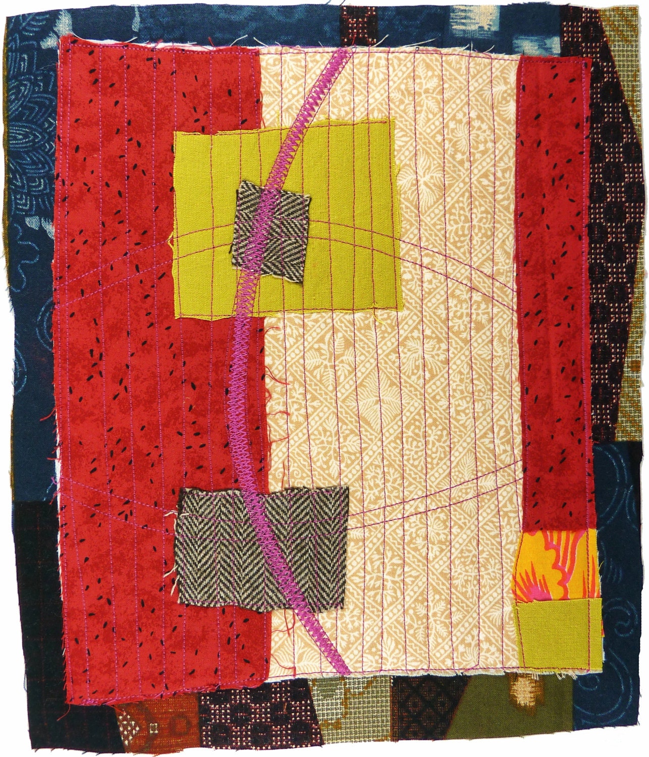 1.26.2013 small art quilt, contemporary, abstract, textile drawing, haiku, rust, beige, citron, magenta, yellow, brown, indigo, pink
