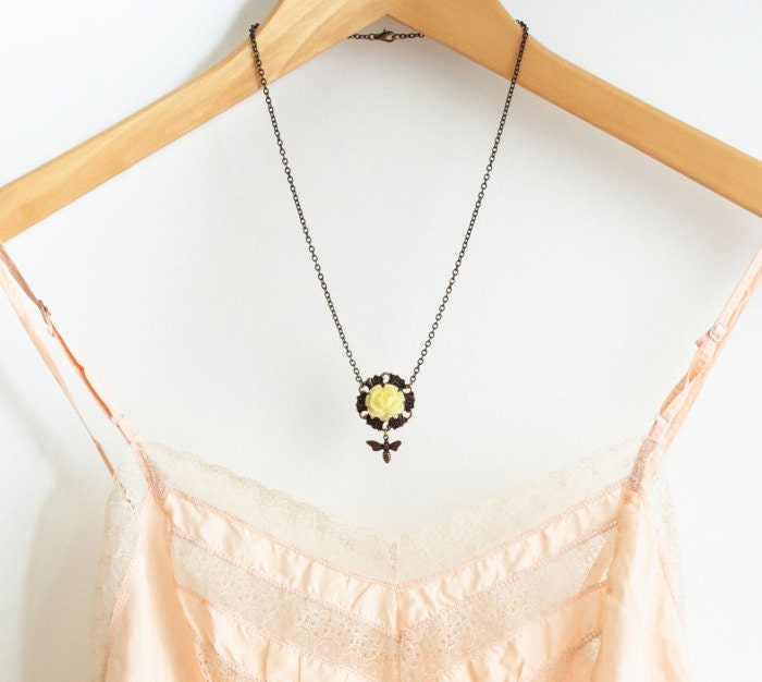 Bee Necklace, Vintage Style Floral Necklace, Brass Necklace, Whimsical Necklace