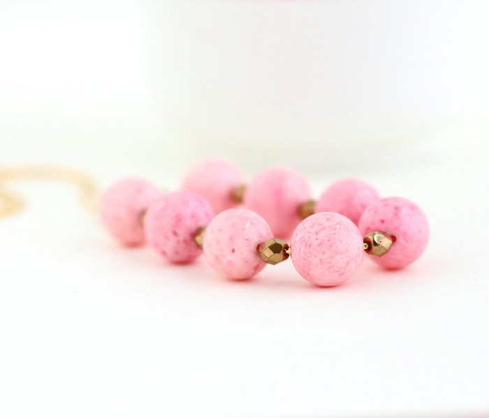 Pink Beaded Necklace, Gold Plated Chain, Pink Coral Beads, Pink Jewelry, Pink Necklace