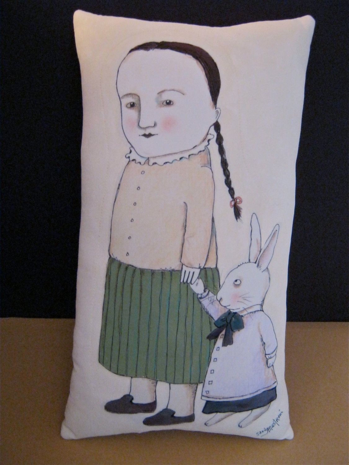 illustration on  pillow- original drawing- art doll- pen and ink-  handmade pillow- Bunnie and Bunny- one of a kind