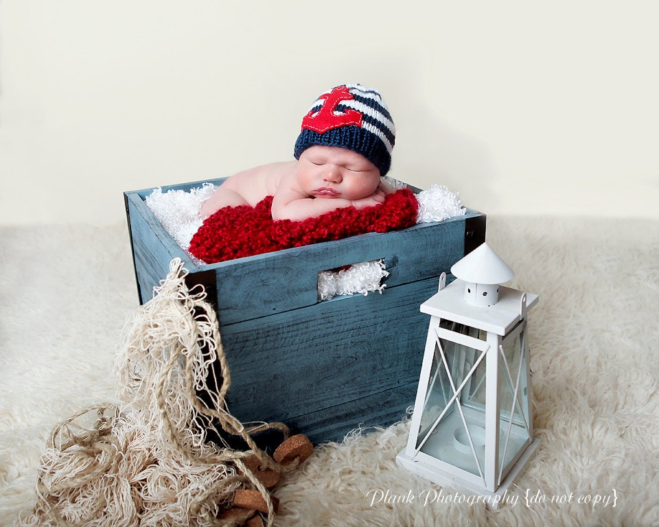 Knit NAUTICAL ANCHOR Baby Hat,  Baby Beanie, Anchor Hat, Marine hat, Red Anchor, Red, white and blue, Childrens hats, boy hats, girl hats
