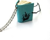 Blank Robin Egg Blue Leather Book Necklace/Jewelery/Mini Diary with Black Sailing Boat